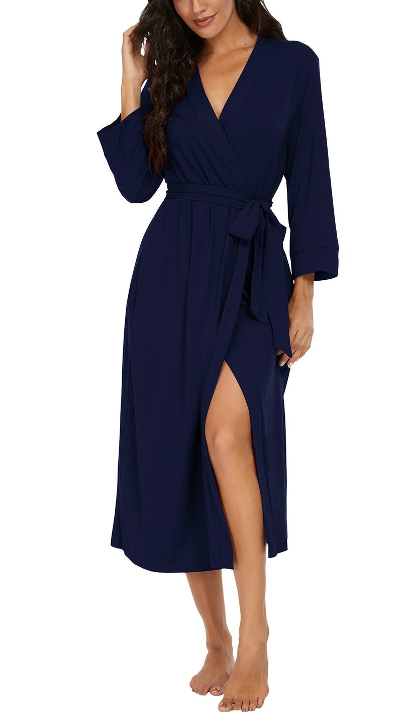 VINTATRE Women Kimono Robes Long Knit Bathrobe Lightweight Soft Knit Sleepwear V-neck Casual Ladies Loungewear Navy Blue-Small - Image 1